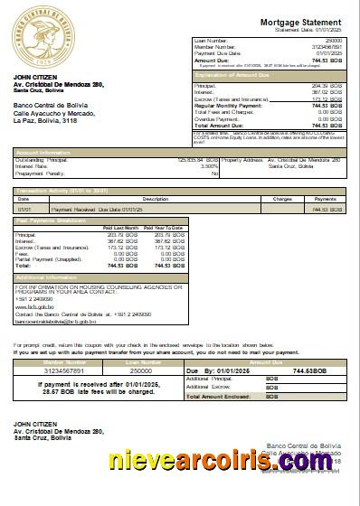 Bolivia Banco Central de Bolivia bank mortgage statement